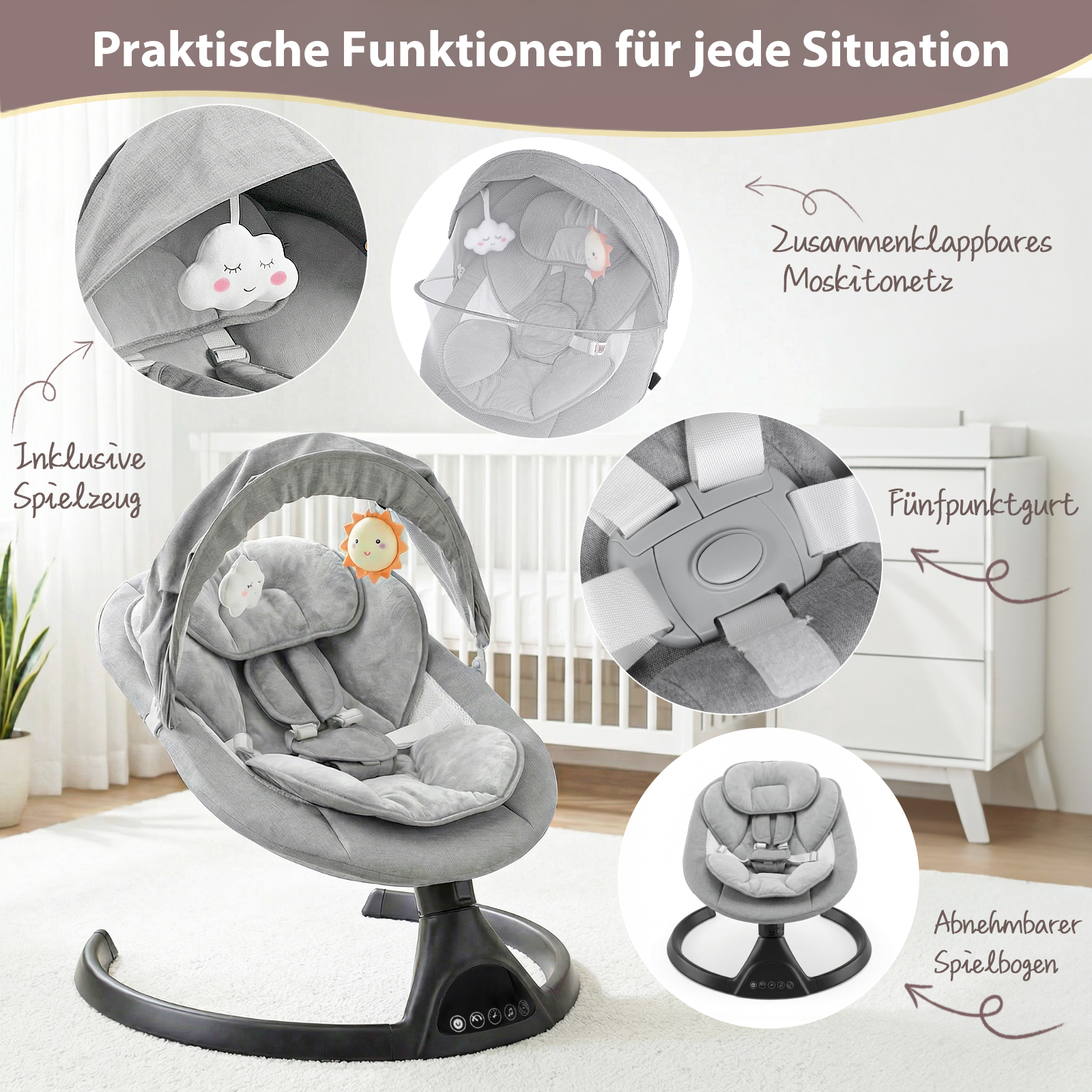 Elektrische Babyschaukel Babywippe mit Bluetooth Grau