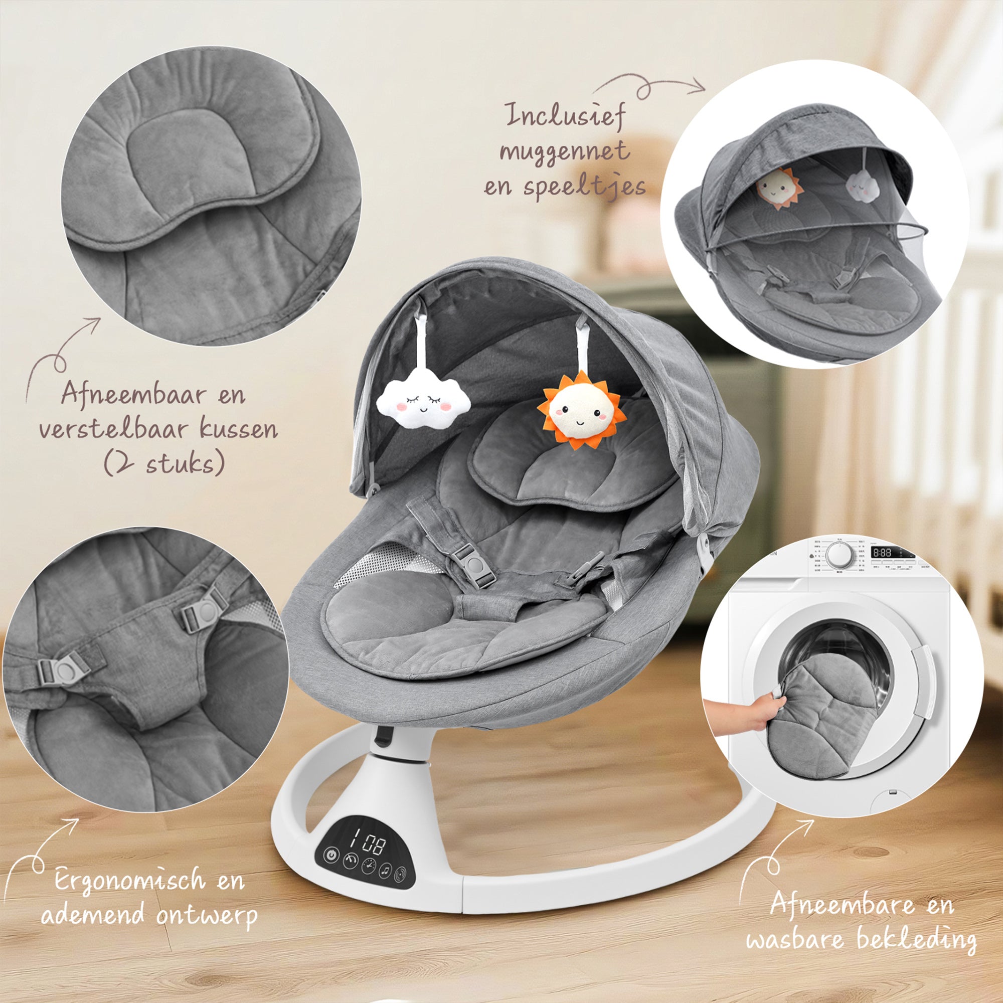 Baby Swing Elektrisch Babyschommel Wipstoel Grijs
