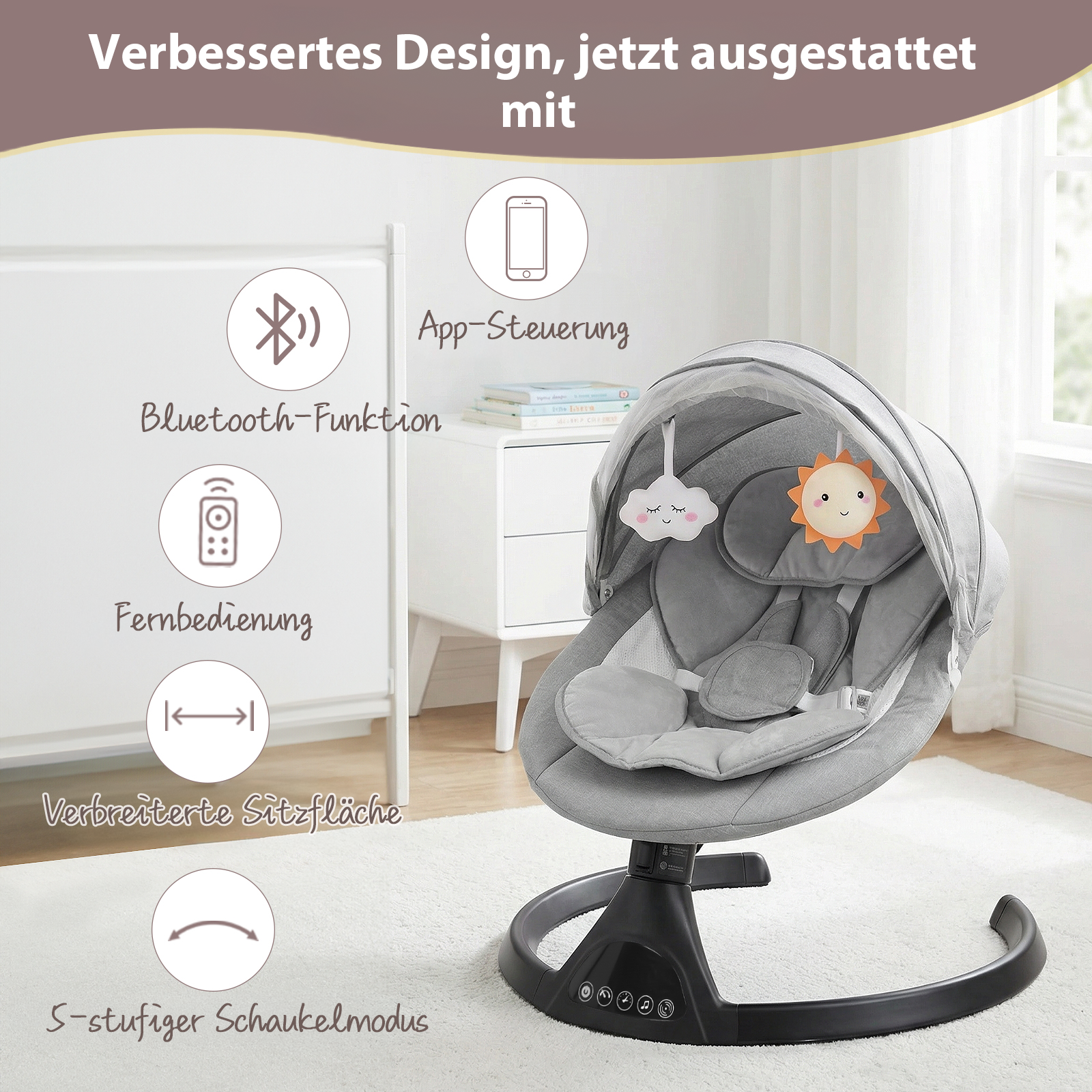 Elektrische Babyschaukel Babywippe mit Bluetooth Grau