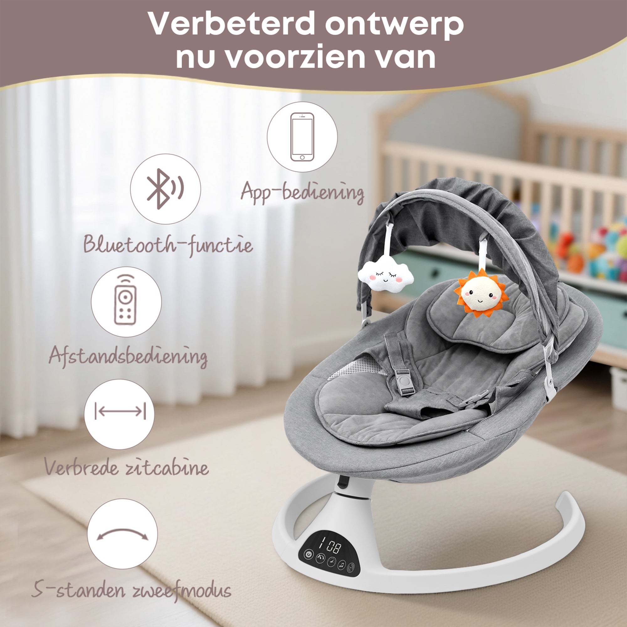 Baby Swing Elektrisch Babyschommel Wipstoel Grijs