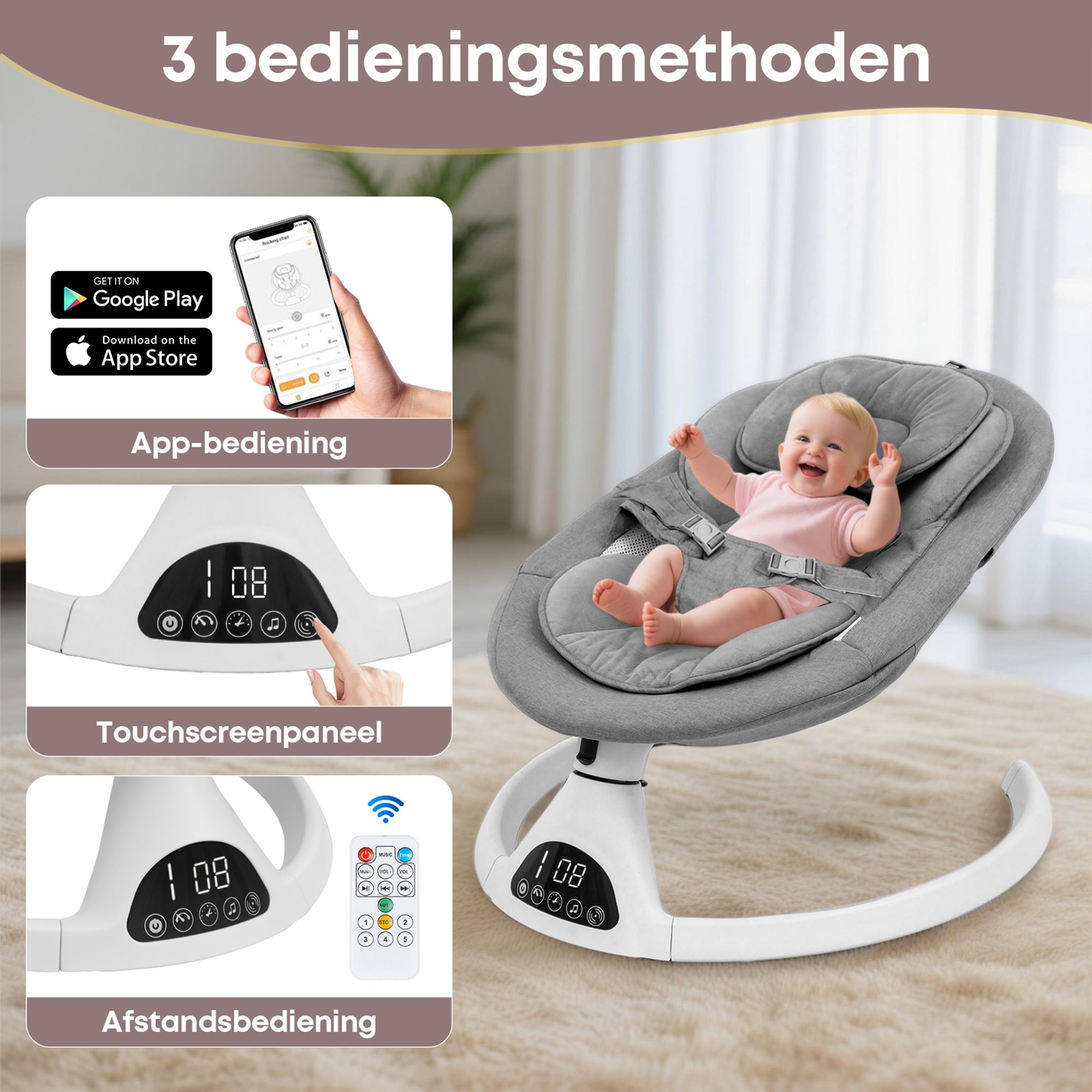 Baby Swing Elektrisch Babyschommel Wipstoel Grijs
