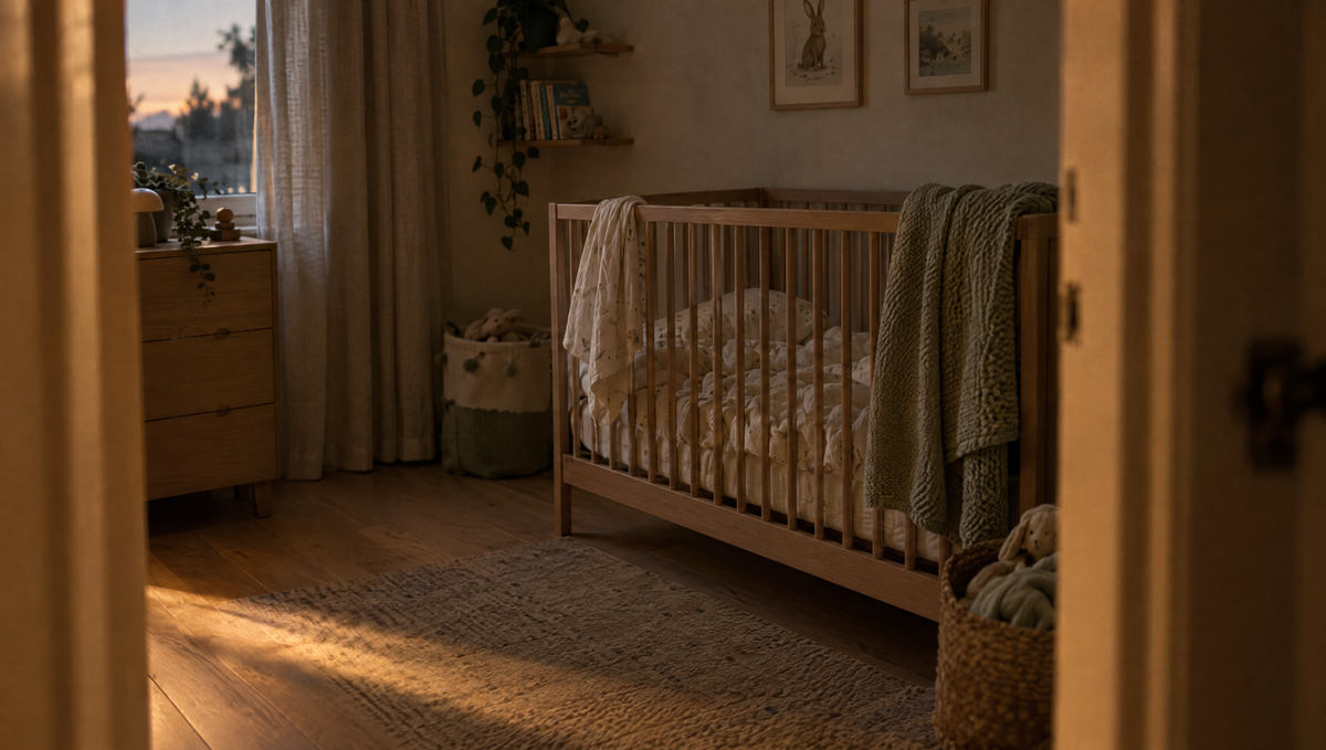 Rustige babykamer in de schemering met een ledikant en licht dat vanaf de gang naar binnen valt