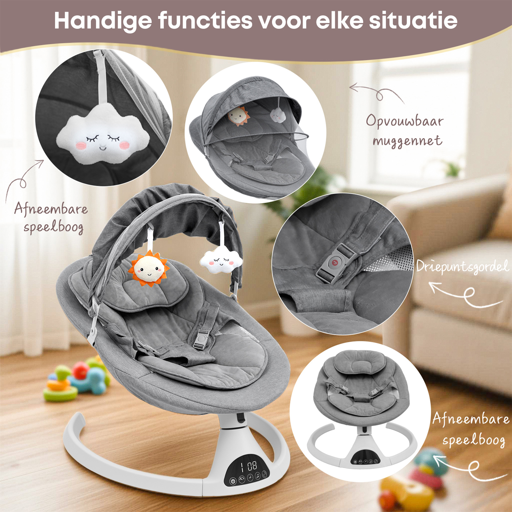 Baby Swing Elektrisch Babyschommel Wipstoel Grijs
