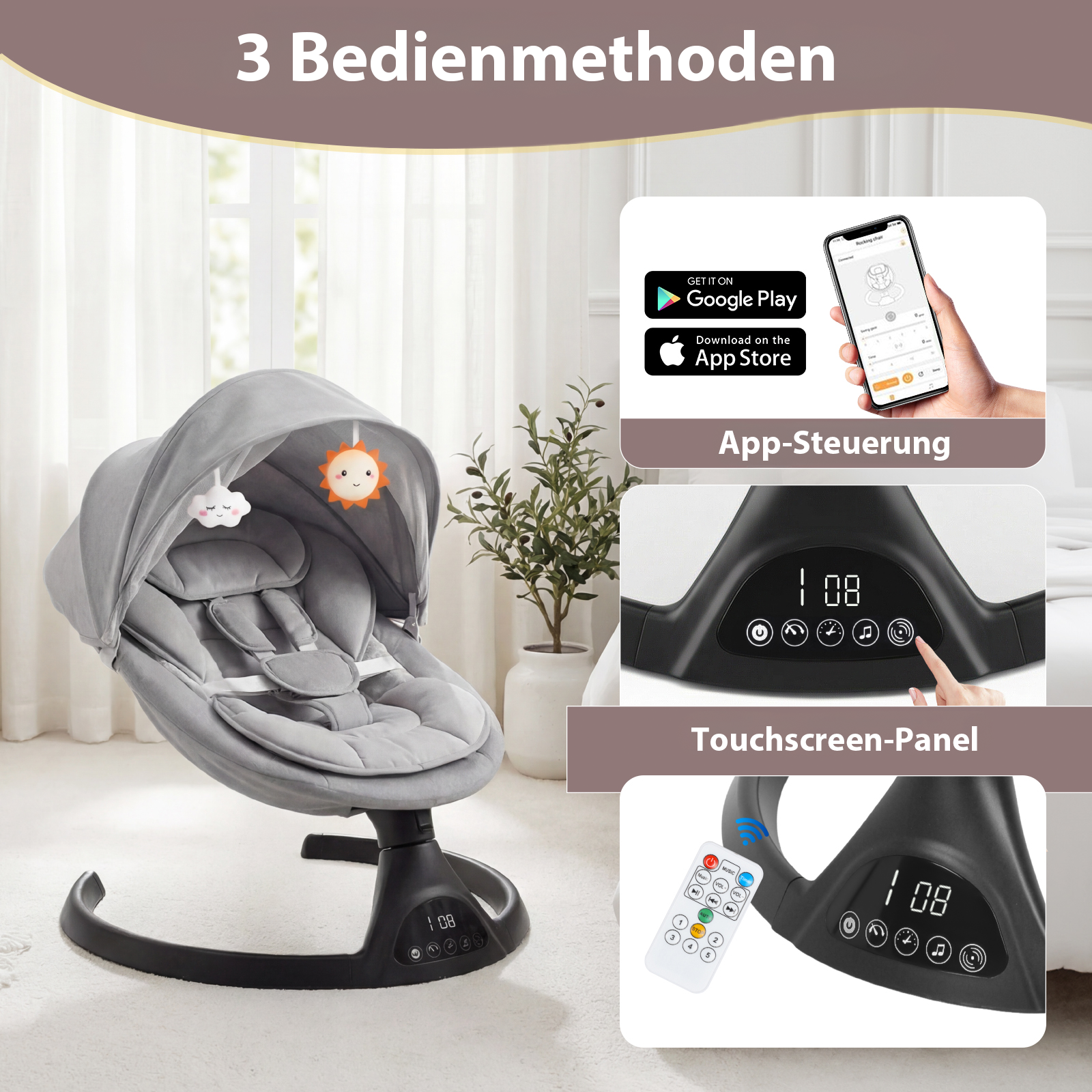 Elektrische Babyschaukel Babywippe mit Bluetooth Grau